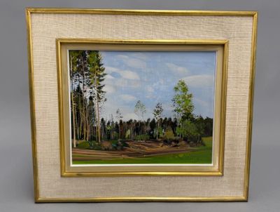 painting of a landscape with trees and a dirt road in the foreground