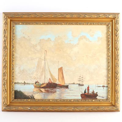 tableau représentant un voilier sur l'eau, avec d'autres bateaux en arrière-plan