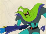 animation : cellulo de production d'un personnage de dessin animé vêtu d'une tenue verte et bleue