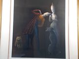 painting of a man and a woman holding a dog in front of a mirror