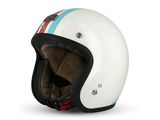 un casque blanc orné d'une bande bleue et rouge
