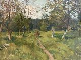 un tableau représentant un homme à cheval sur un sentier