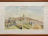 peinture d'une vue d'une ville avec une tour d'horloge au loin
