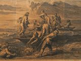un dessin représentant un groupe de personnes dans un bateau