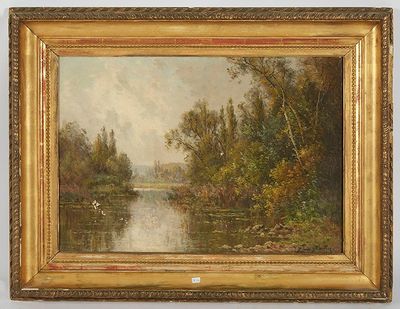 une peinture à l'huile représentant une scène de rivière avec un bateau dans l'eau