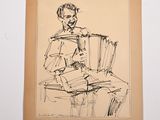 an image of a drawing of a man sitting on a chair holding a book
