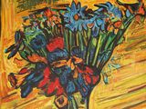 a painting of flowers in a vase on a table