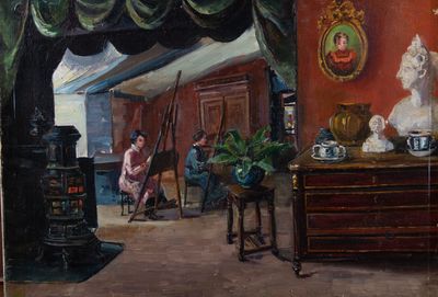 un tableau représentant une femme assise sur une chaise dans une pièce