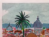 un tableau représentant une ville avec un palmier au premier plan