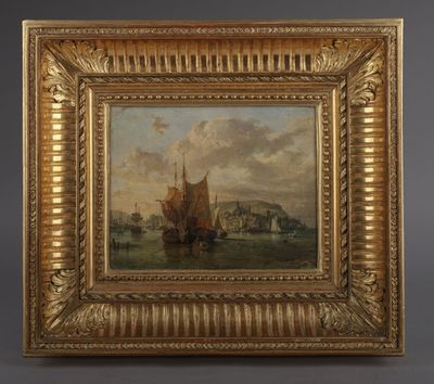 a painting of a boat in a body of water with a castle in the background