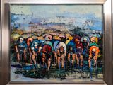 a painting of a group of cyclists riding down the street