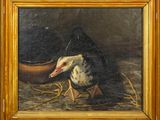 an oil painting of a duck sitting on the ground next to a bowl
