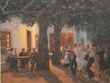 a painting of a group of people dancing under a tree