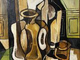 une peinture représentant une nature morte avec une bouteille et une bougie