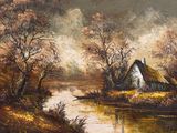 tableau représentant un chalet au bord d'une rivière, avec un toit de chaume