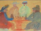 peinture d'un groupe de personnes assises autour d'une table dans une pièce