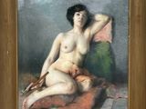 an image of a painting of a naked woman sitting on a bed