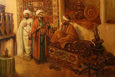 a painting of a group of people in a room
