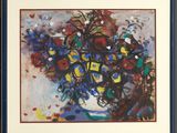 tableau encadré et monté sur passe-partout représentant un bouquet de fleurs dans un vase bleu et blanc