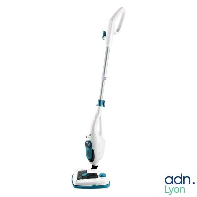 a white and blue steam mop sitting on top of a white floor