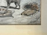 a drawing of a dog standing in front of a pile of food