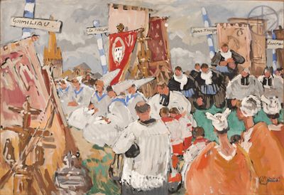 a painting of a group of people standing in front of a painting easel