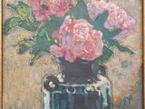 painting of pink flowers in a blue vase on a beige background