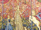 an image of a tapestry with a picture of a woman riding a horse