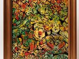 a painting of a bunch of colorful flowers in a wooden frame
