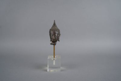 une image représentant une statue de tête de Bouddha fixée sur un bâton