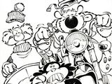 dessin de bande dessinée représentant un homme à moto, entouré d'une foule de personnages de bande dessinée