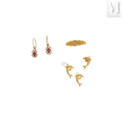 three pairs of earrings and a ring are shown on a white background