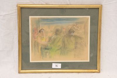 painting of a group of people in a field with a sky in the background