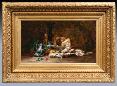 an oil painting of a still life with bread, wine and other items