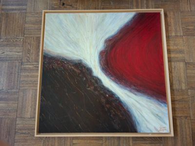 painting of a red and white abstract painting on a wooden floor