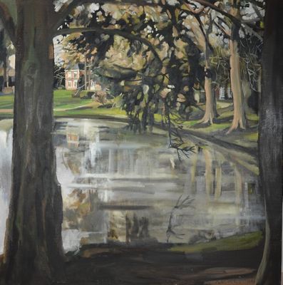 un tableau représentant un étang dans un parc, avec des arbres au premier plan