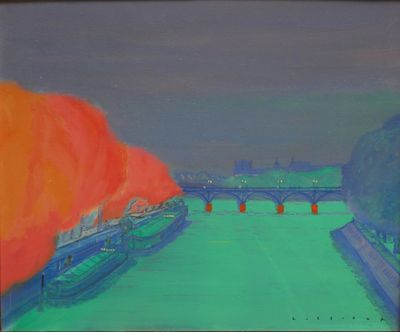 une peinture d'une rivière avec un pont à l'arrière-plan