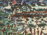 a painting of a group of people playing in the water
