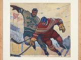 tableau représentant deux joueurs de hockey en pleine action sur la glace