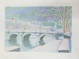 une image d'une peinture représentant un pont sur une rivière