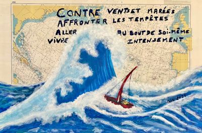 un tableau représentant un voilier au milieu d'une vague
