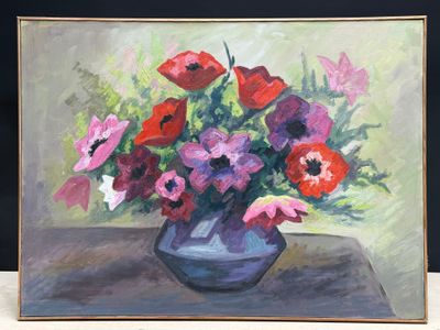 a painting of flowers in a blue vase on a table