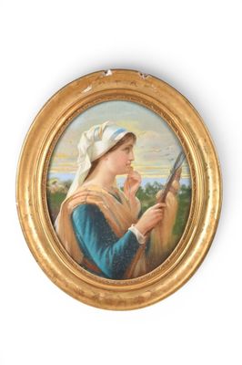 painting of a woman in a bonnet holding a rifle in a gold frame