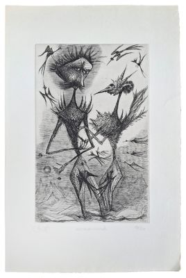 une image représentant un dessin en noir et blanc d'un homme avec des oiseaux sur la tête