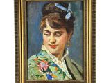 tableau représentant une femme en robe verte avec une fleur bleue dans les cheveux