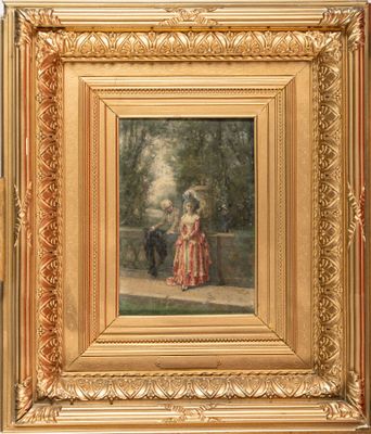 an image of a painting of a woman and a dog in a park