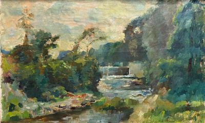tableau représentant un ruisseau traversant une forêt verdoyante et luxuriante, peuplée d'arbres