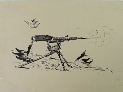 drawing of a machine gun on a tripod with birds flying around it