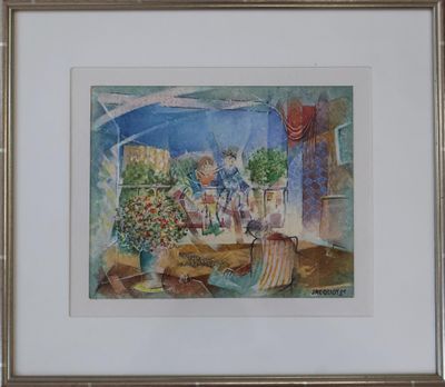 aquarelle encadrée représentant une femme assise sur une chaise dans un jardin