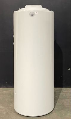 an image of a white water heater sitting on top of a cement floor